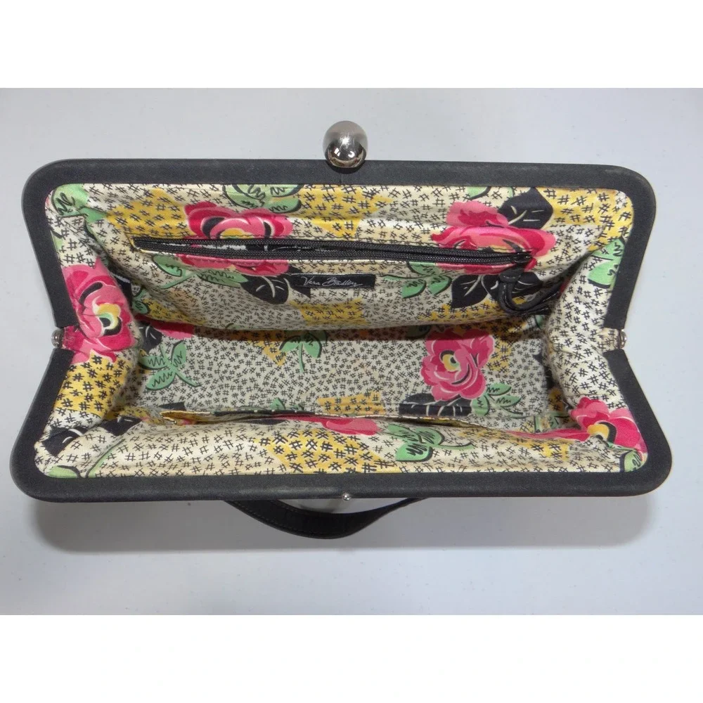 Vera Bradley Black Quilted Microfiber Kiss Lock Frame Handbag Floral Lining 3648